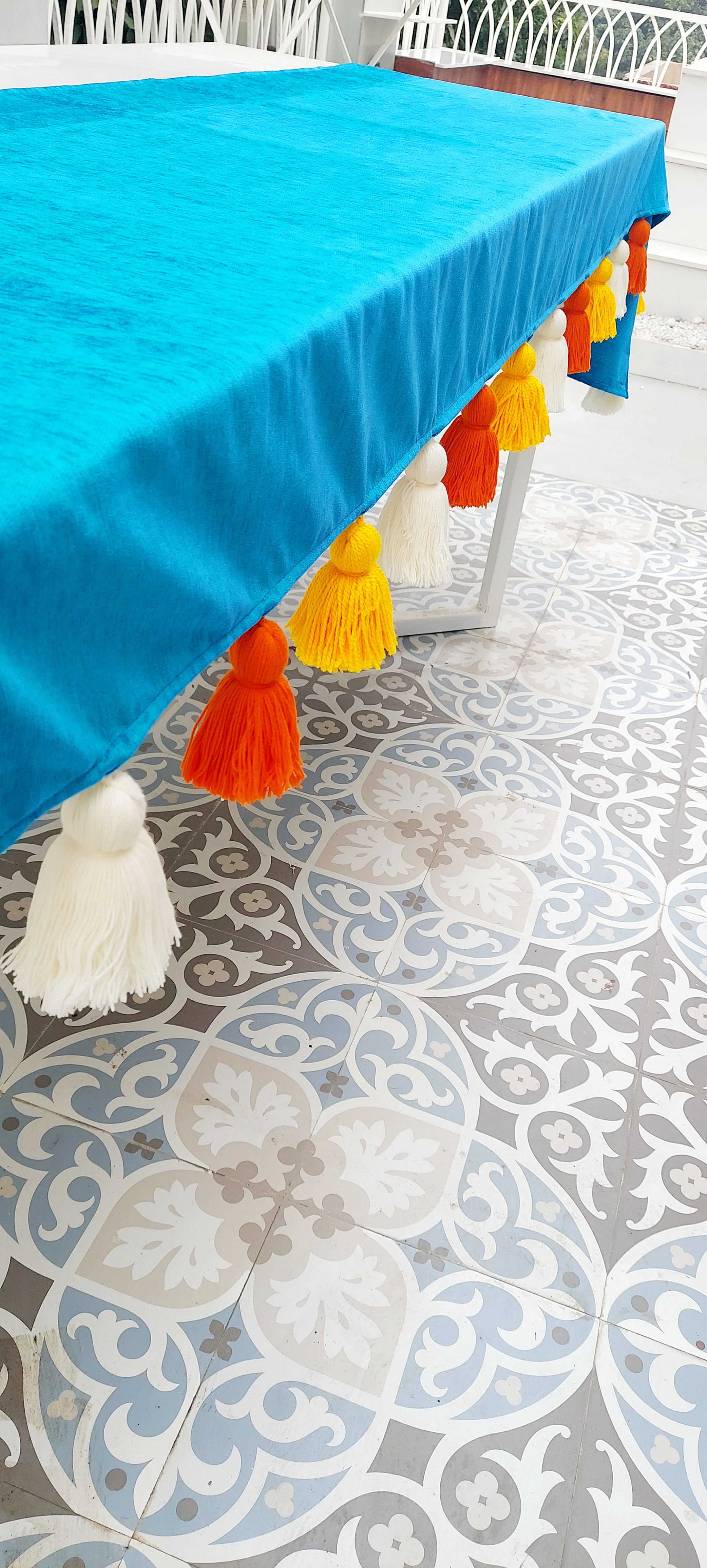 Solid blue with Multicolor Tassel Table Cover