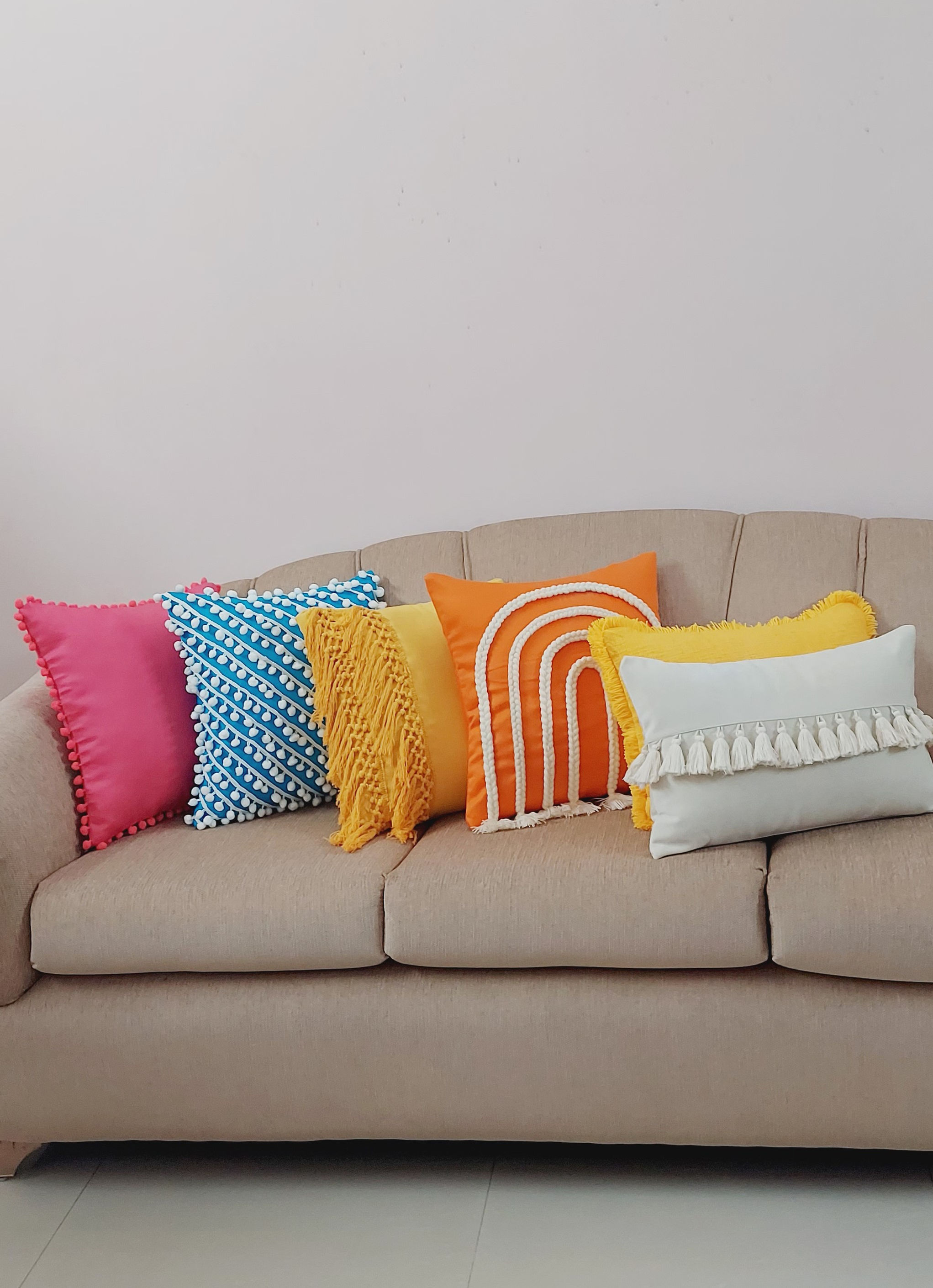 Blue with white pom pom cushion cover
