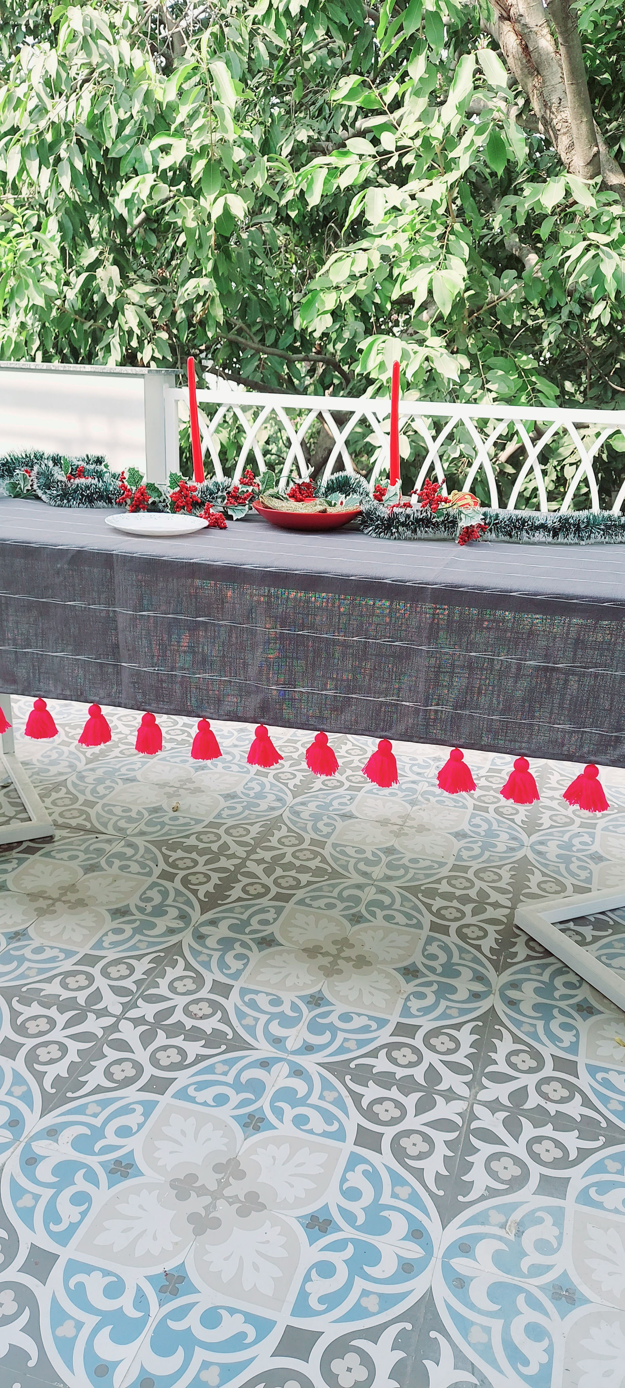 Solid Grey With Pink tassel Striped Table Cover