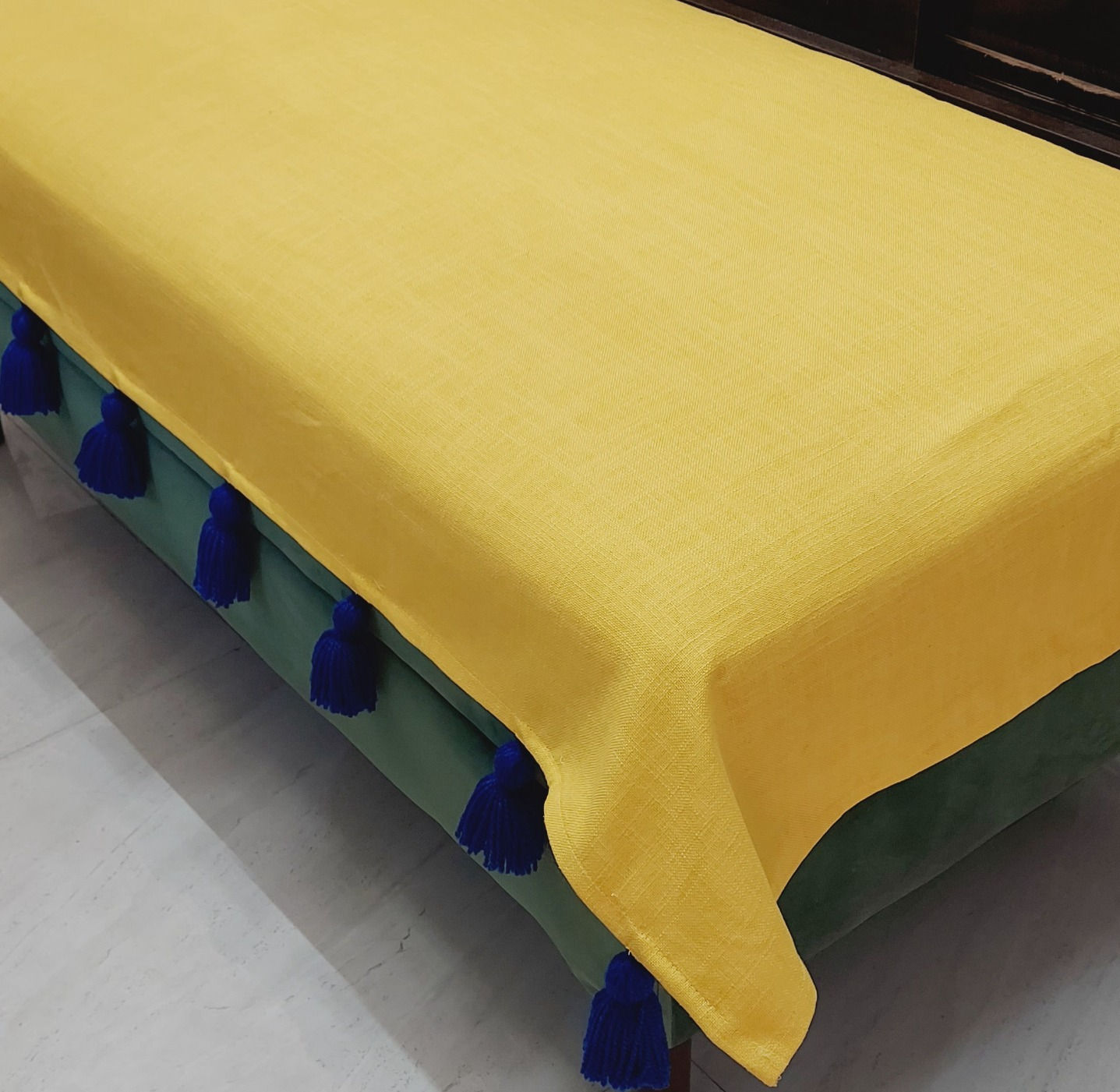 Solid Lemon Yellow with Blue Tassels Table Cover