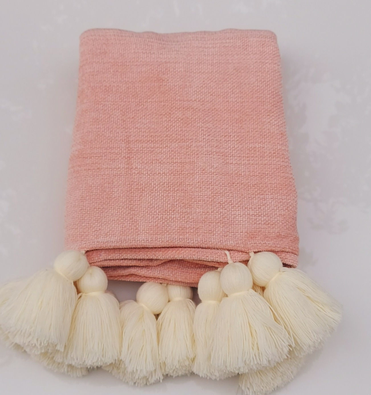 Solid Blush Pink with White tassels Table cover