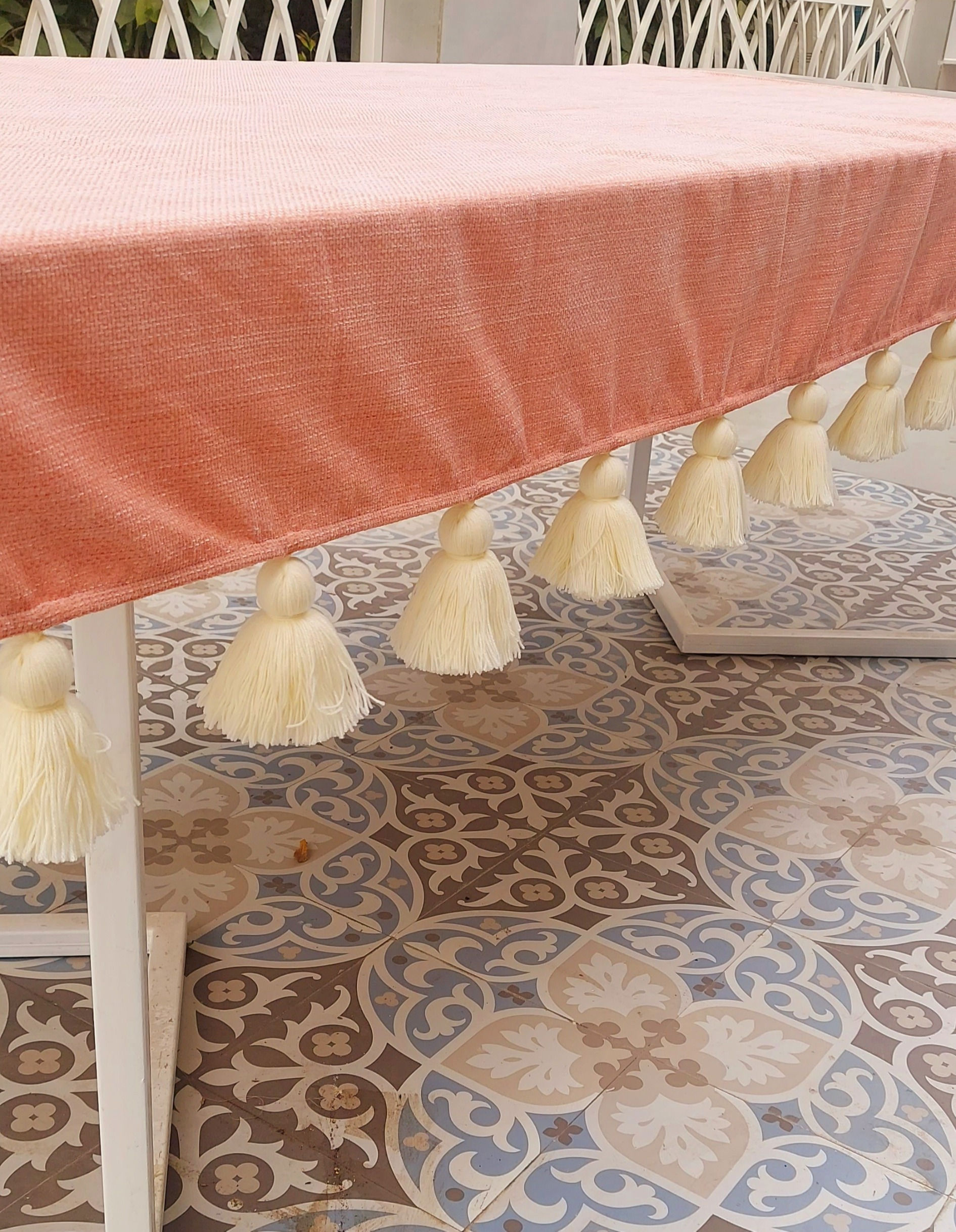 Solid Blush Pink with White tassels Table cover