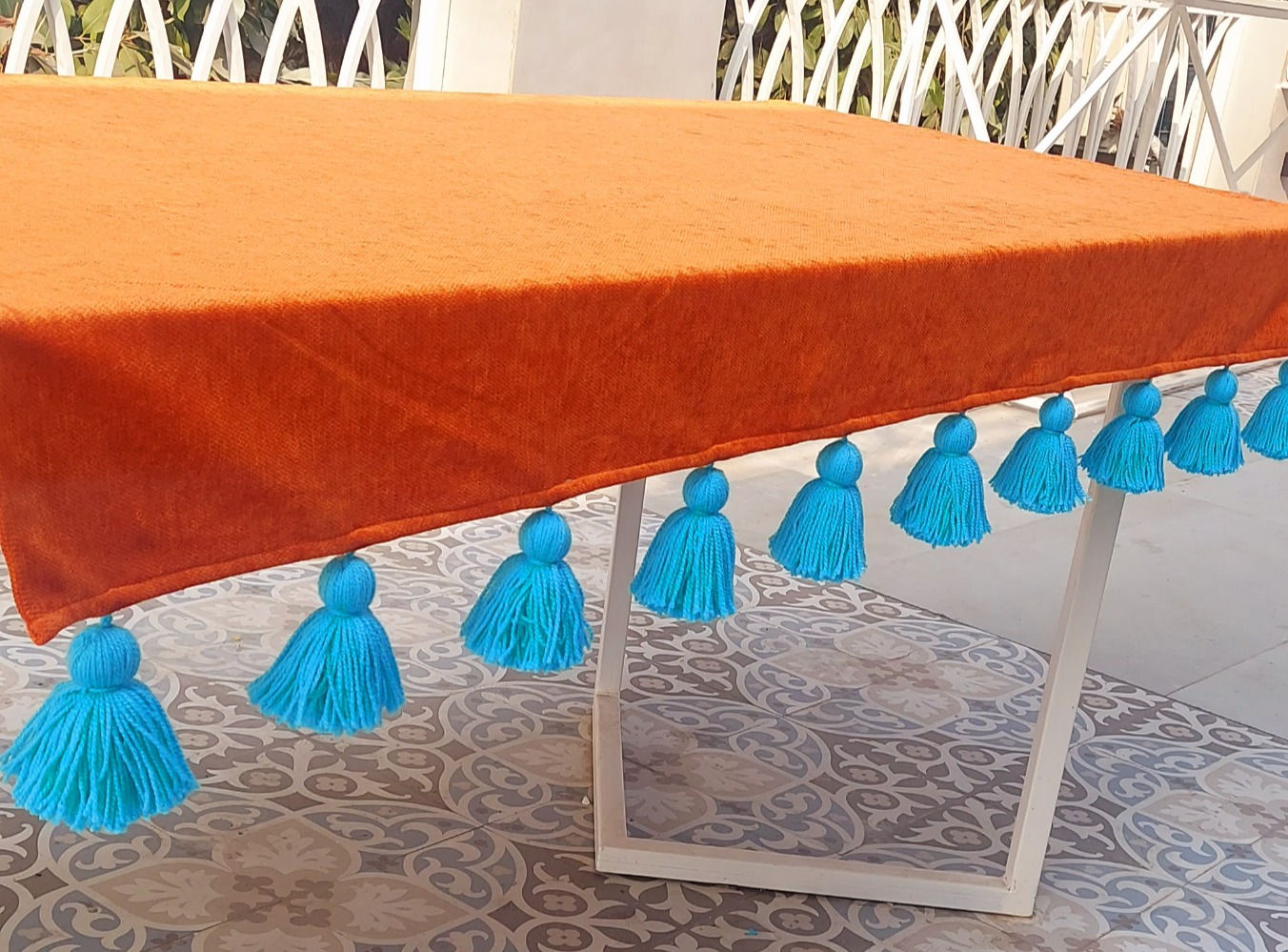 Solid Orange with Blue Tassels Table cover