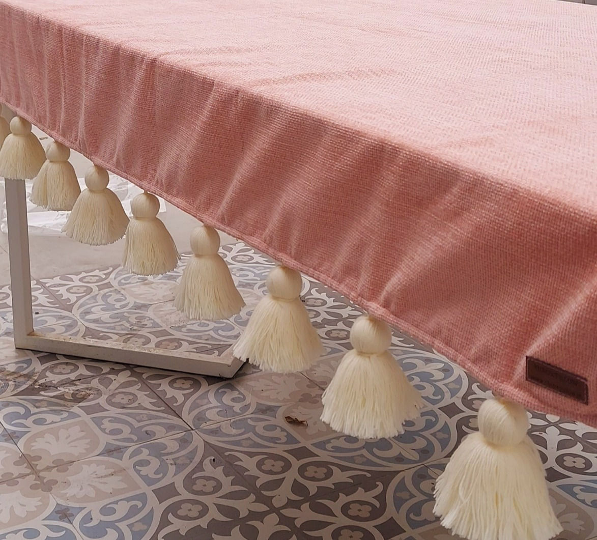 Solid Blush Pink with White tassels Table cover