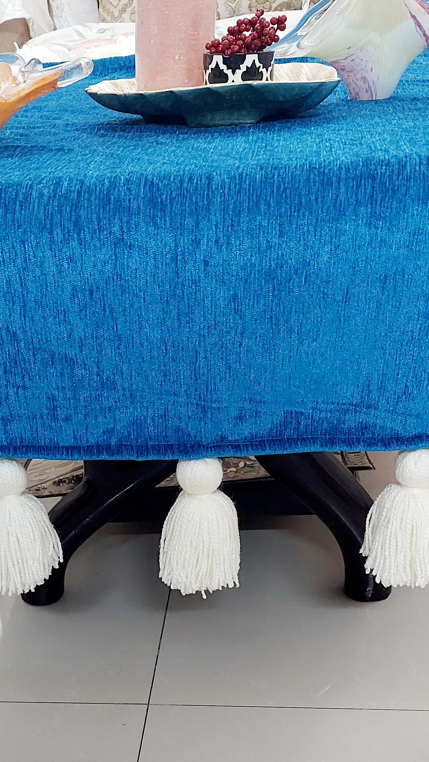 Solid Teal Blue with White Tassels Table Cover