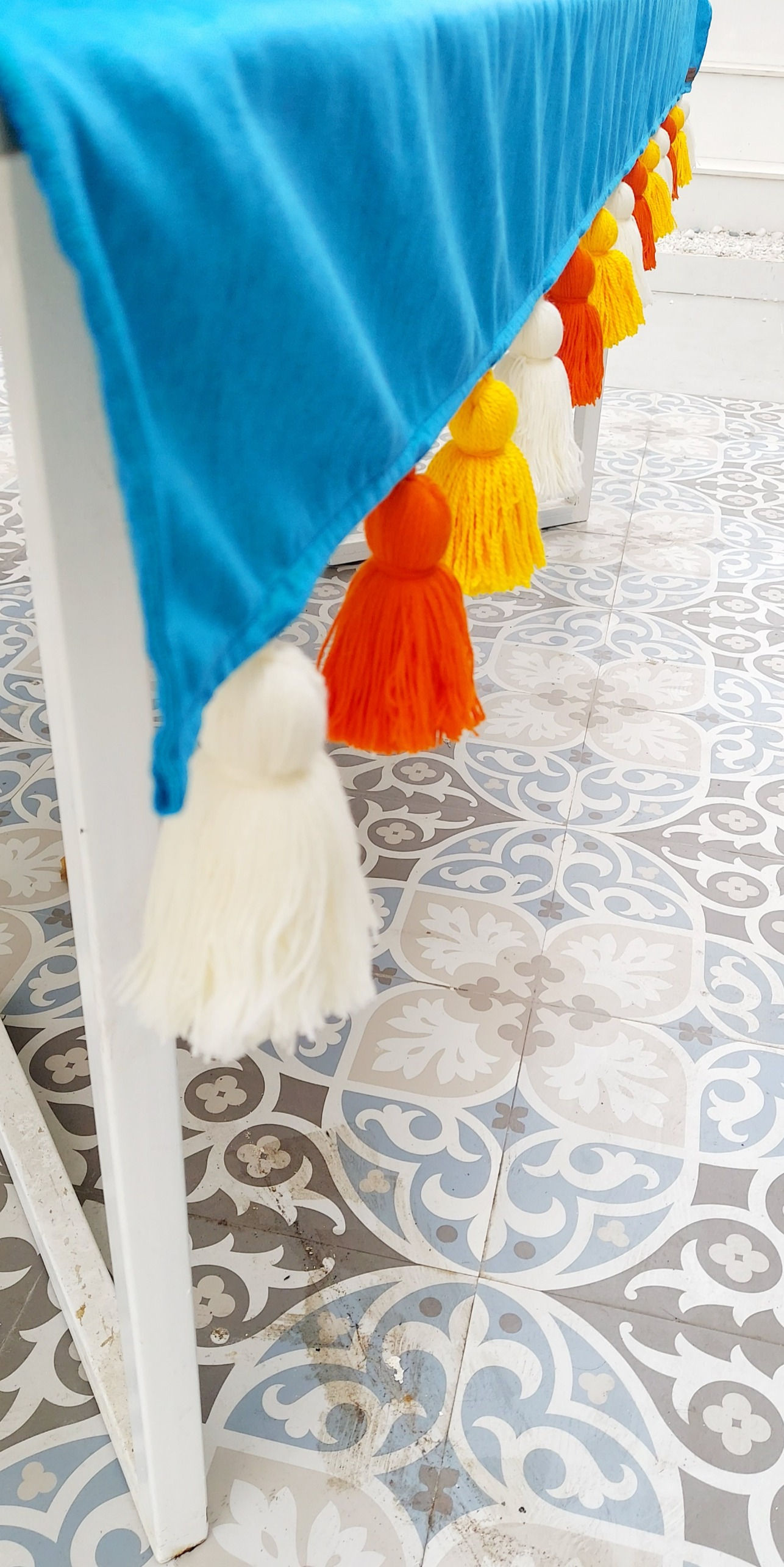 Solid blue with Multicolor Tassel Table Cover
