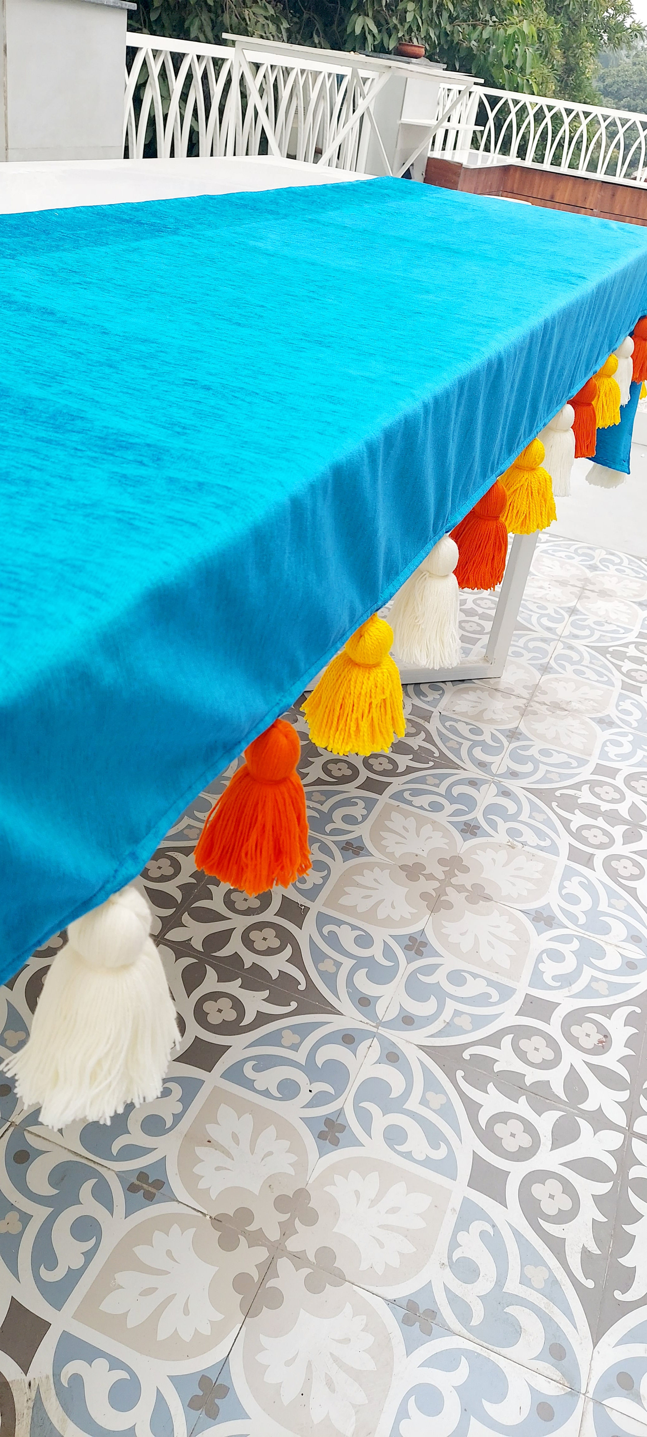 Solid blue with Multicolor Tassel Table Cover