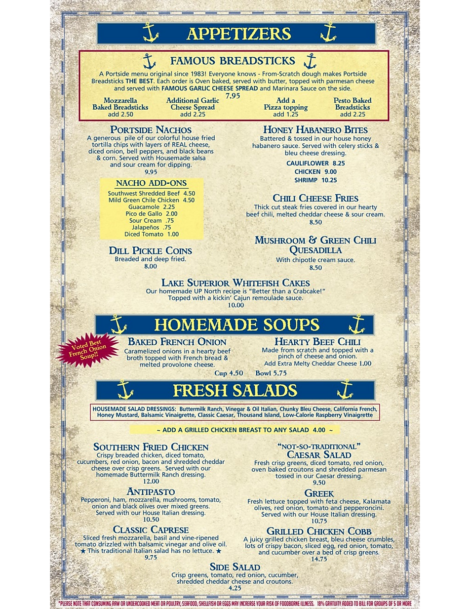 Portside Inn happy hour pizza breadsticks wine list deals marquette now