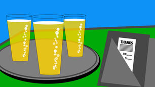 Three Glasses of beer on a server trey next to a bill that reads "Thanks".
