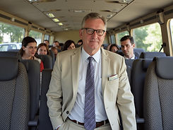 Business professionals on a corporate outing bus