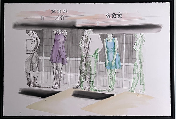 A large pen and ink drawing on paper of male and female figures outside a cafe