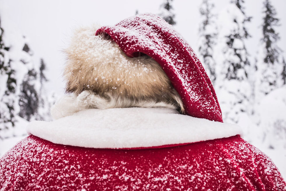 Le Père Noël sous la neige dans la forêt vue de dos