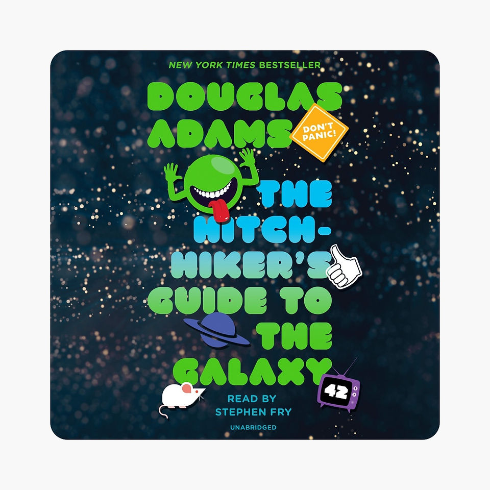 Audiobook cover for “The Hitchhiker’s Guide to the Galaxy” by Douglas Adams, narrated by Stephen Fry. Dark starry space background with bright green bubble letters for the title. A cheerful green alien character with a wide grin holds up a yellow “Don’t Panic” sign. Decorative icons include a thumbs-up, planet Saturn, white mouse, and retro TV showing “42”. New York Times Bestseller banner at top.