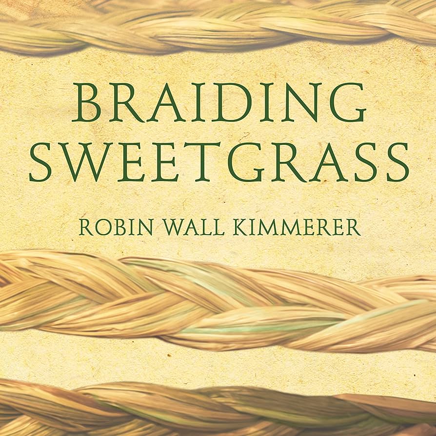 Audiobook cover for “Braiding Sweetgrass” by Robin Wall Kimmerer. Minimalist design featuring golden woven sweetgrass braids against a cream background with subtle sand ripples at top and bottom. Green serif title text.