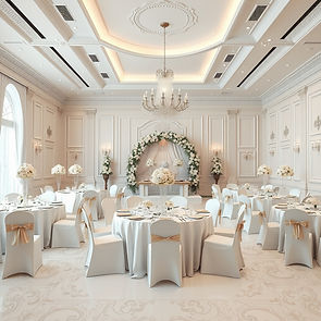 Create a realistic wedding photo scape in a luxurious banquet setting, with classic weddin
