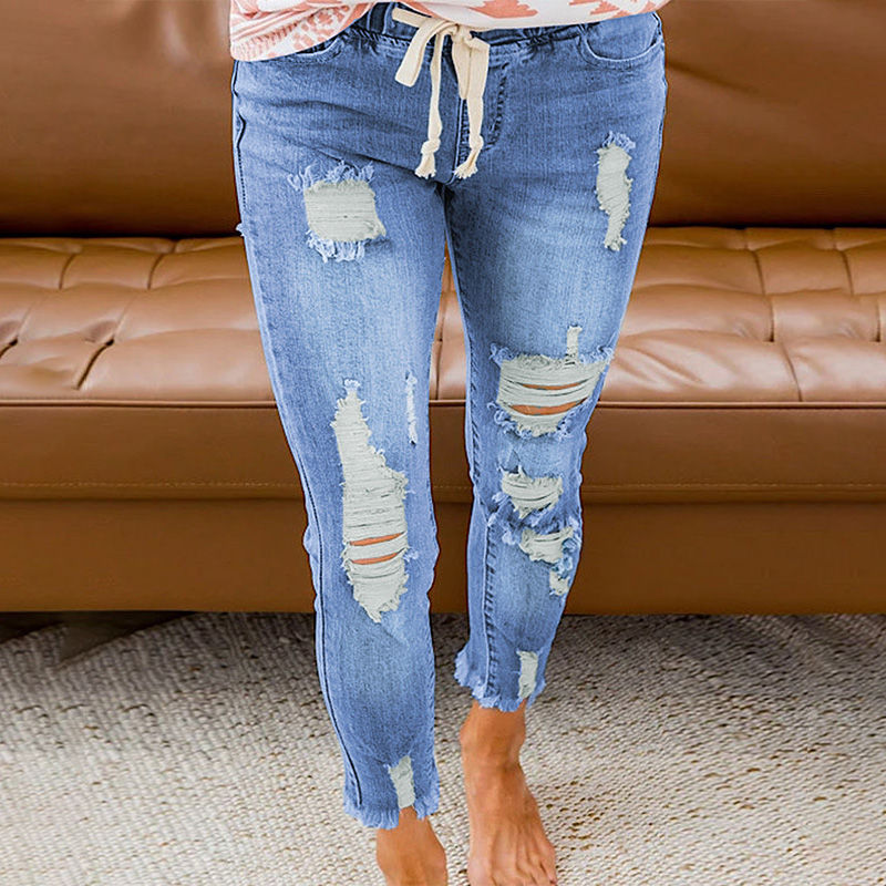 Thumbnail: Ladies Skinny Drawstring Stretch Denim Jeans Ripped Casual Blue Pants