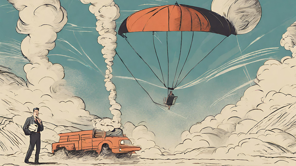 A man standing next to a broken-down car, looking puzzled, while a parachute brings down supplies or food to provide assistance.