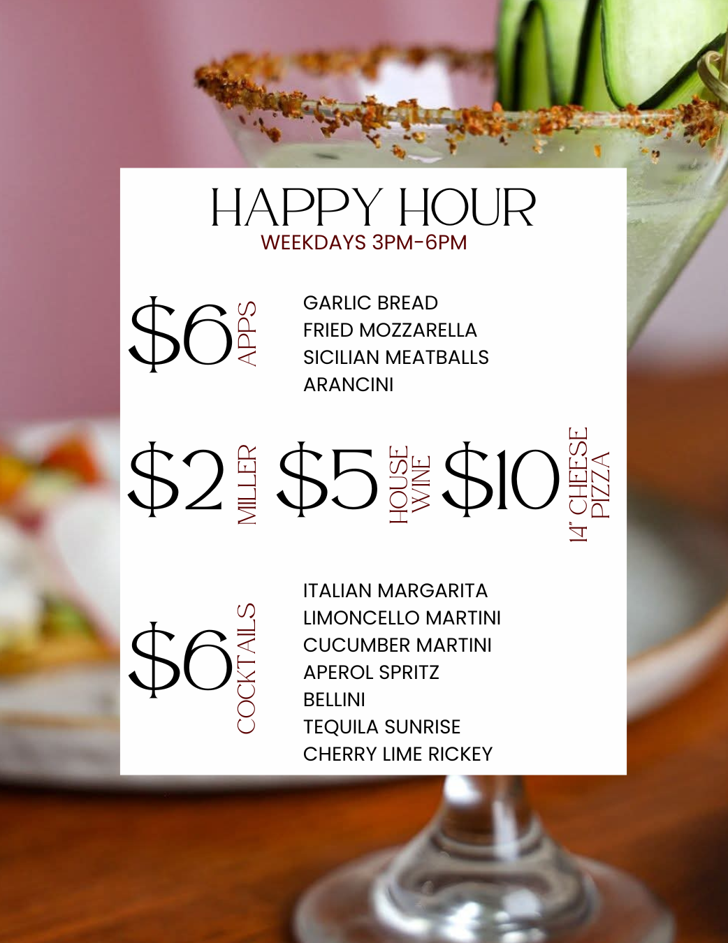 Naples Italian happy hour menu featuring discounted Italian wines, cocktails, and appetizers in a warm, inviting setting in S
