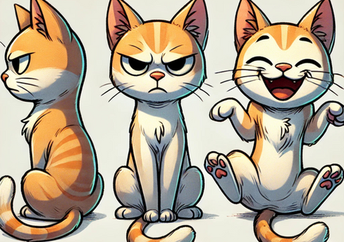Illustrazione di tre gatti in stile cartone animato su uno sfondo bianco: un gatto arrabbiato visto di spalle, un gatto neutro seduto e un gatto sorridente che balla.