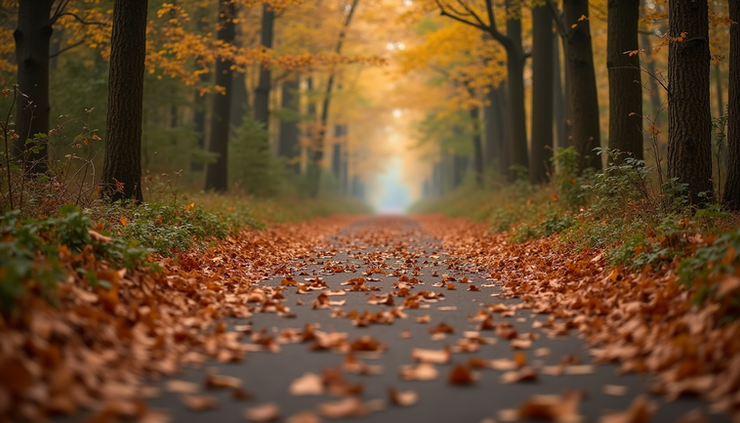 Eye-level view of a quiet forest path covered in autumn leaves