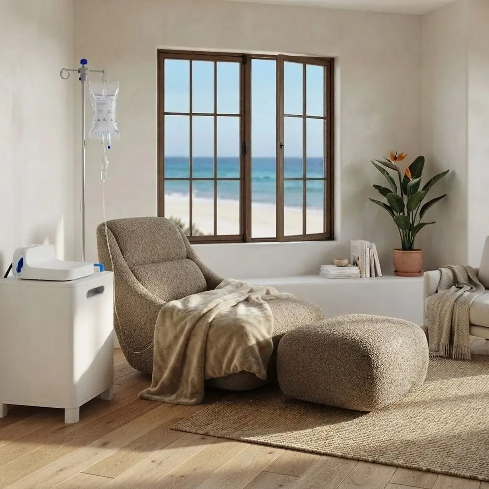 Digital rendering of a modern, calming infusion suite. A comfortable lounge chair faces a large window overlooking a beach, creating a relaxing medical environment.
