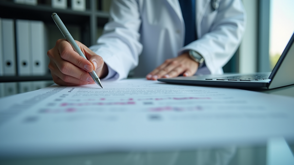 Eye-level view of a medical professional reviewing documents