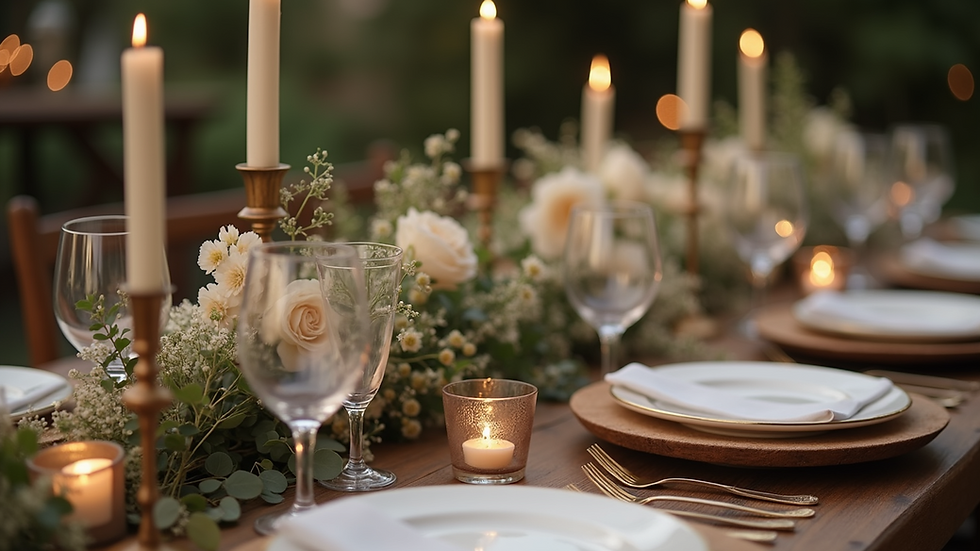 Close-up view of a rustic wedding table setting with local flowers and candles