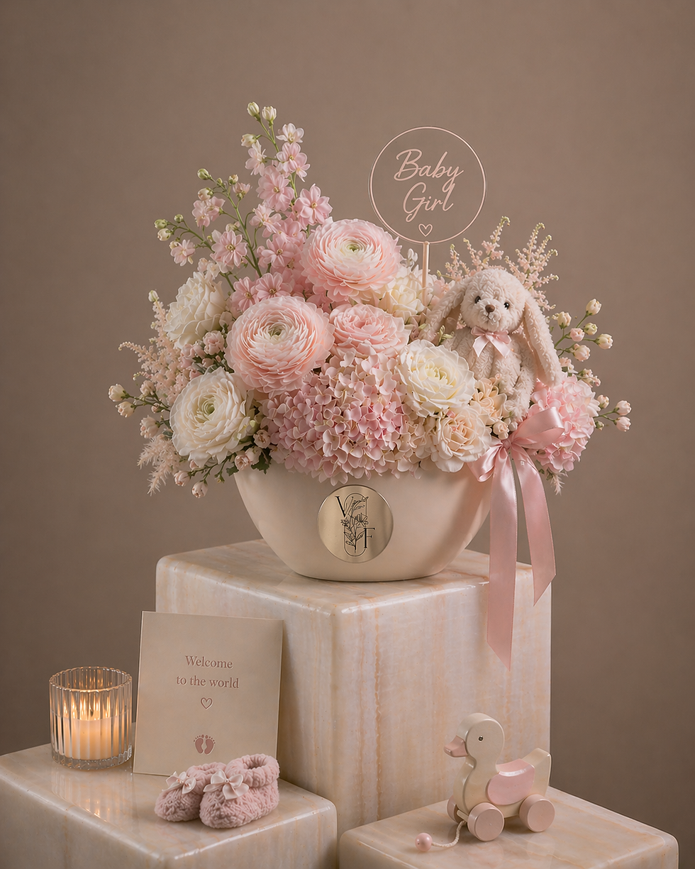 Soft pink and white floral arrangement with a teddy bear in a decorative vase