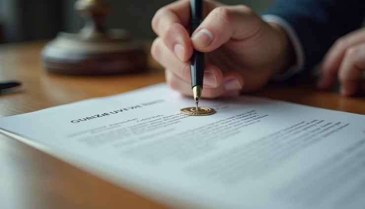 Eye-level view of a notary public stamping a legal document on a wooden desk