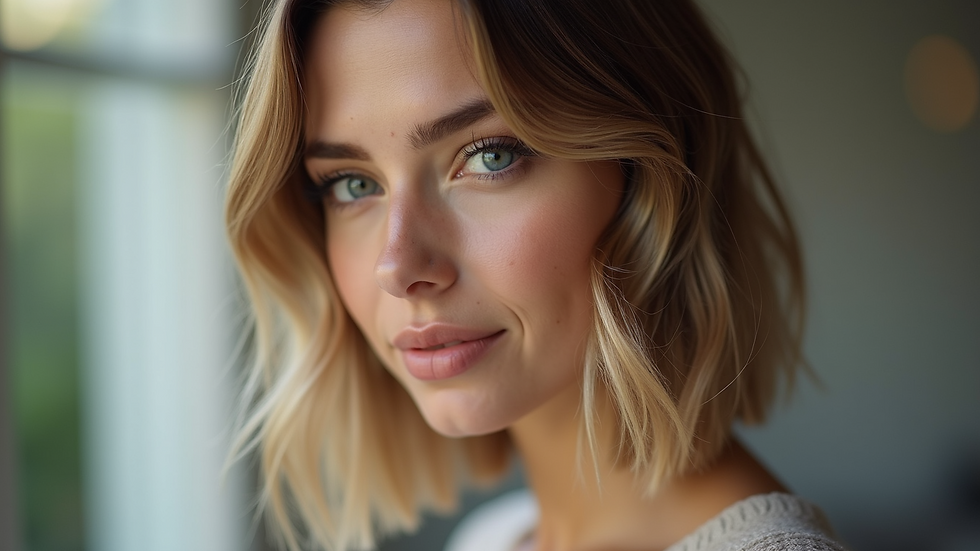Close-up view of a lob haircut with soft highlights and gentle waves