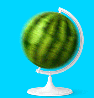 Globo animado em GIF com guloseimas no lugar da Terra - Melancia, Chiclete, Brigadeiro e uma laranja cortada ao meio