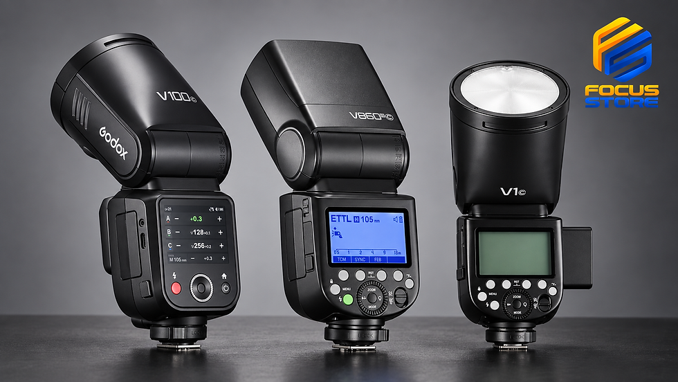 Tres flashes Godox de zapata, V1, V100 y V860III, lado a lado
