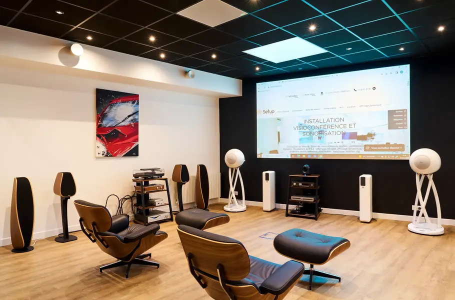 Enceinte hifi et équipement de projection avec un écran de projection et un vidéoprojecteur