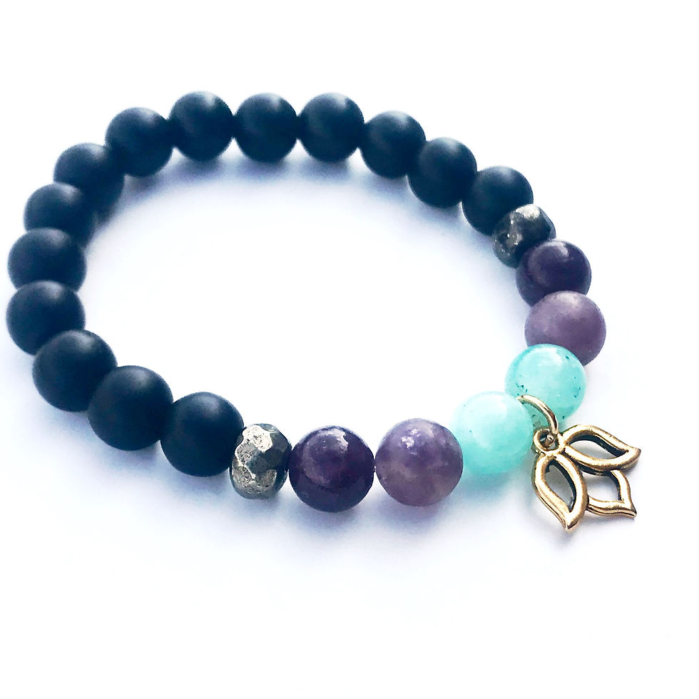 Amazonite, Lepidolite, Pyrite and Onyx Healing Crystal Bracelet with Lotus Charm handmade by Soul Sisters Designs