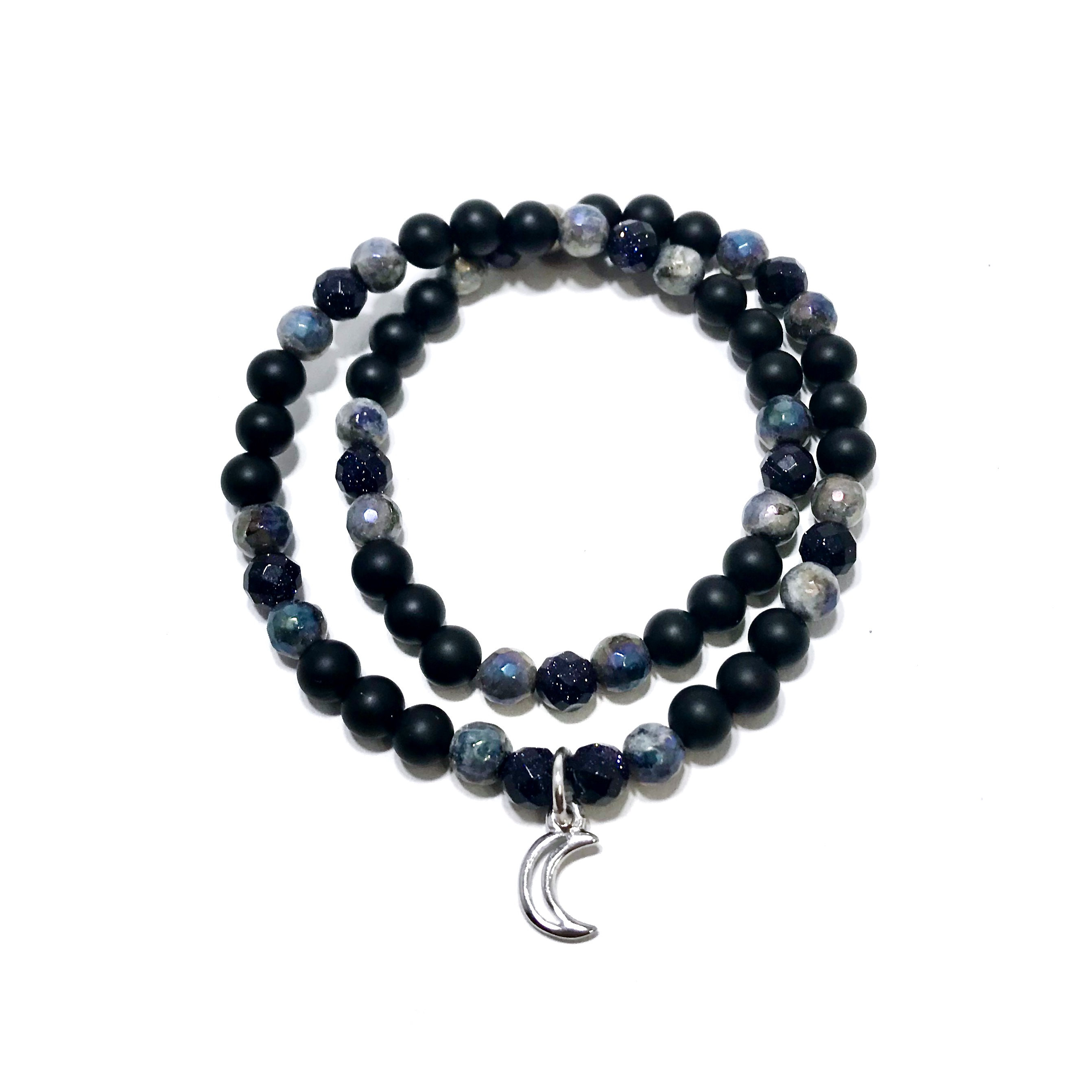 Blue Goldstone, Mystic Norwegian Moonstone and Black Onyx with Moon Charm  Healing Crystal Double Wrap Bracelet | Soul Sisters Designs