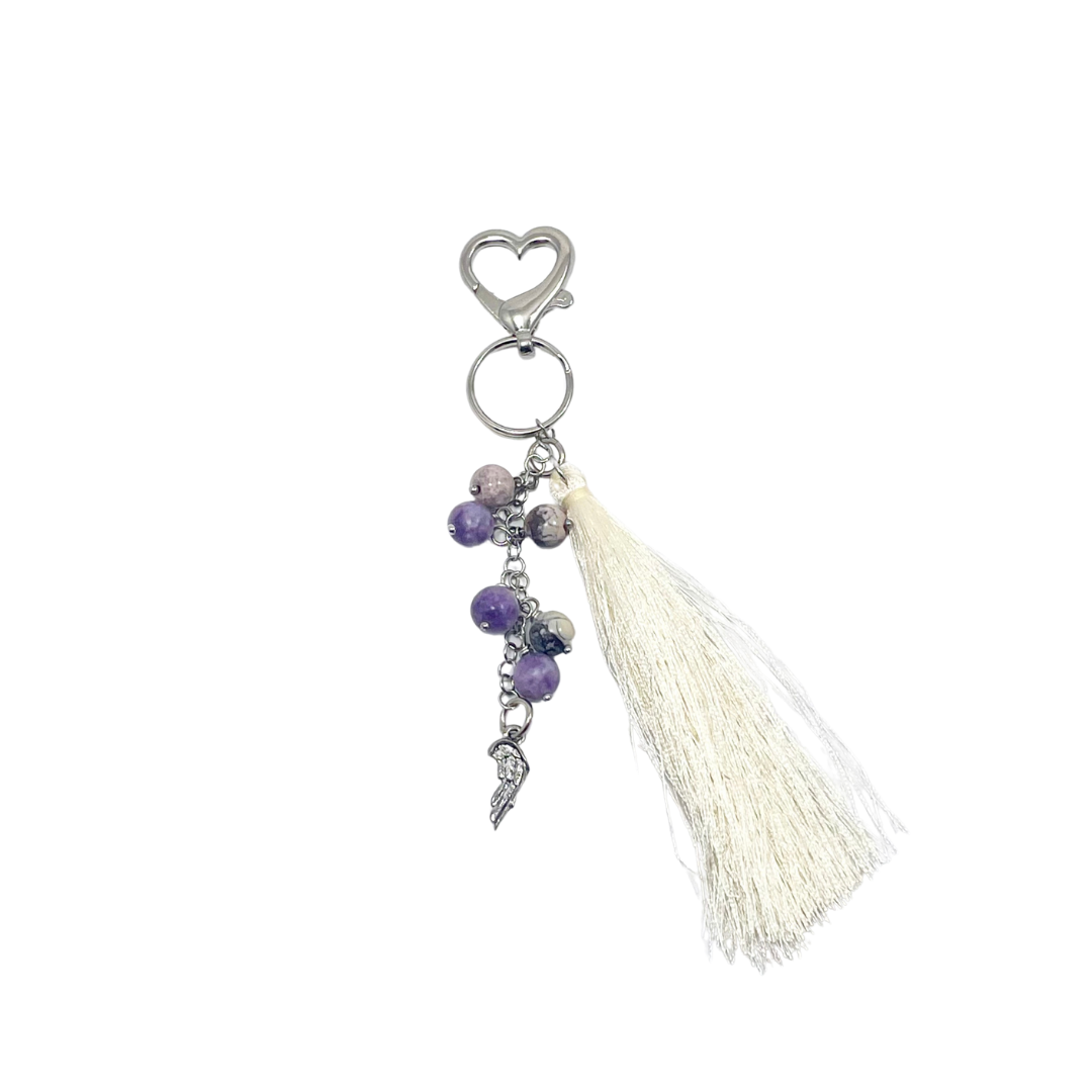 Lepidolite and Porcelain Jasper Healing Crystal Keychain with Angel Wing Charm handmade by Soul Sisters Designs