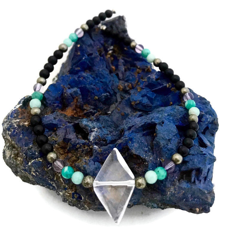 Pyrite, Amazonite, Amethyst and Onyx Beaded Healing Crystal Necklace with Diamond Quartz Pendant handmade by Soul Sisters