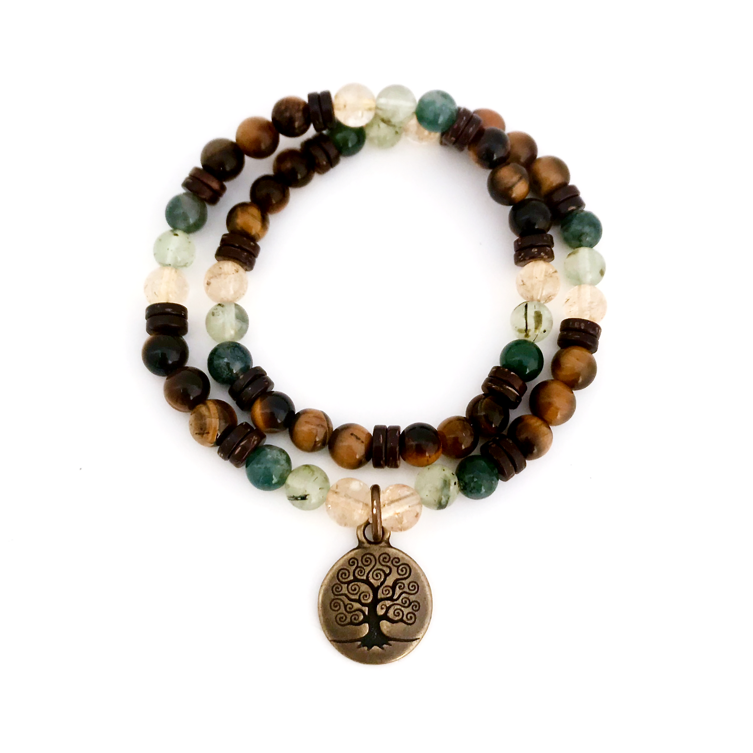 Citrine, Prehnite, Moss Agate, Coconut Wood and Tigers Eye Healing Crystal Double Wrap Bracelet  handmade by Soul Sisters