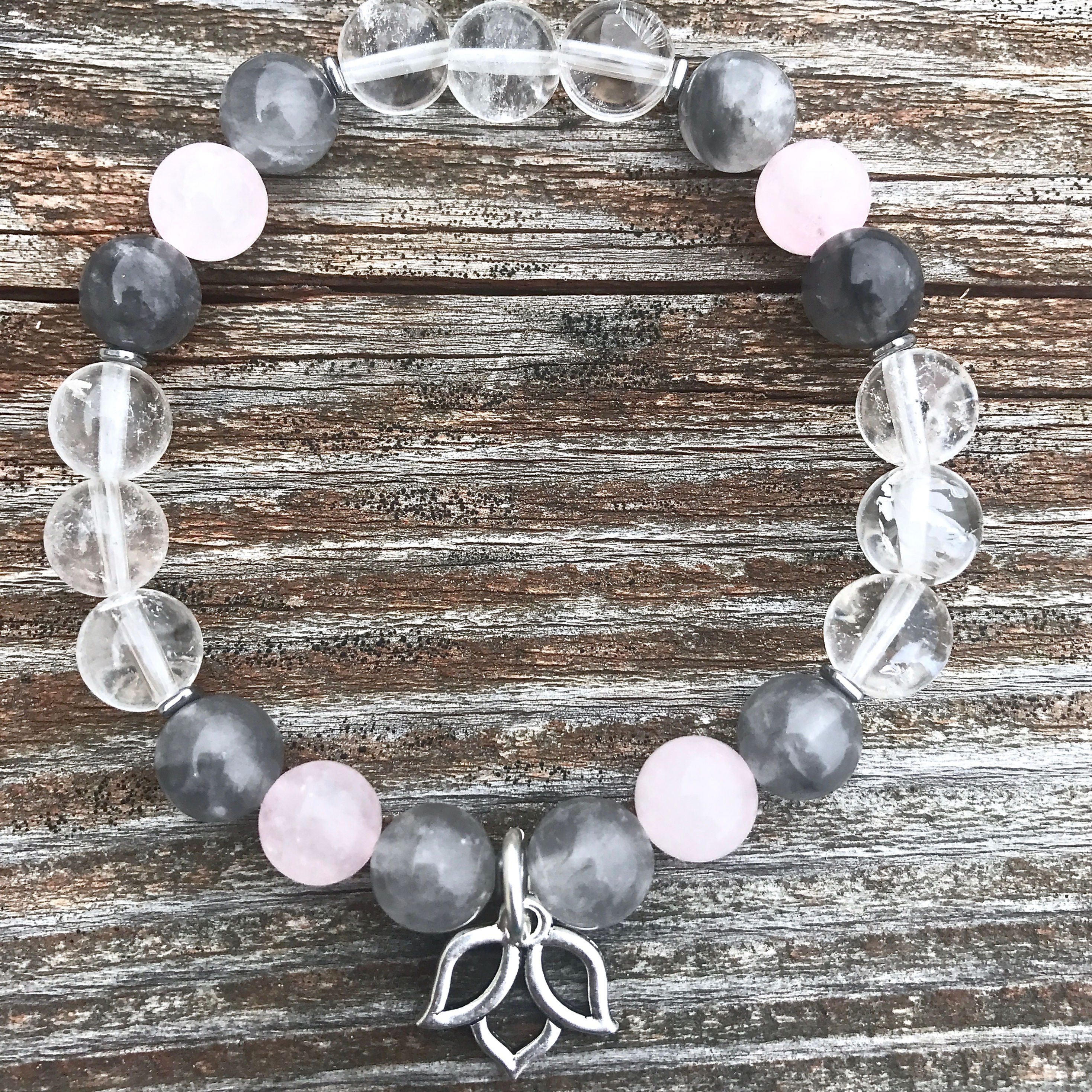 Quartz, Gray Smoky Quartz, Hematite and Rose Quartz Healing Cryst Bracelet with Lotus Charm handmade by Soul Sisters Designs