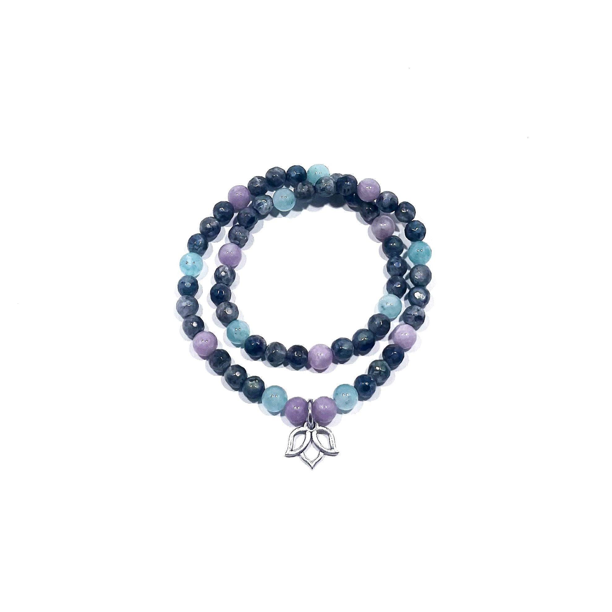 Lepidolite, Amazonite and Mytic Norwegian Moonstone Healing Crystal Double Wrap Bracelet with Lotus Charm. handmade by Soul
