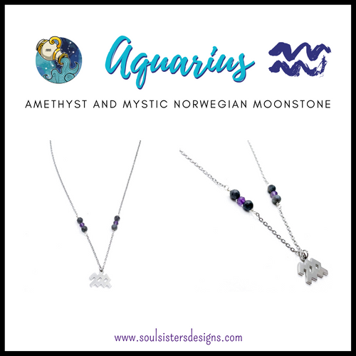 Aquarius Zodiac Necklace with Mystic Norwegian Moonstone and Amethyst