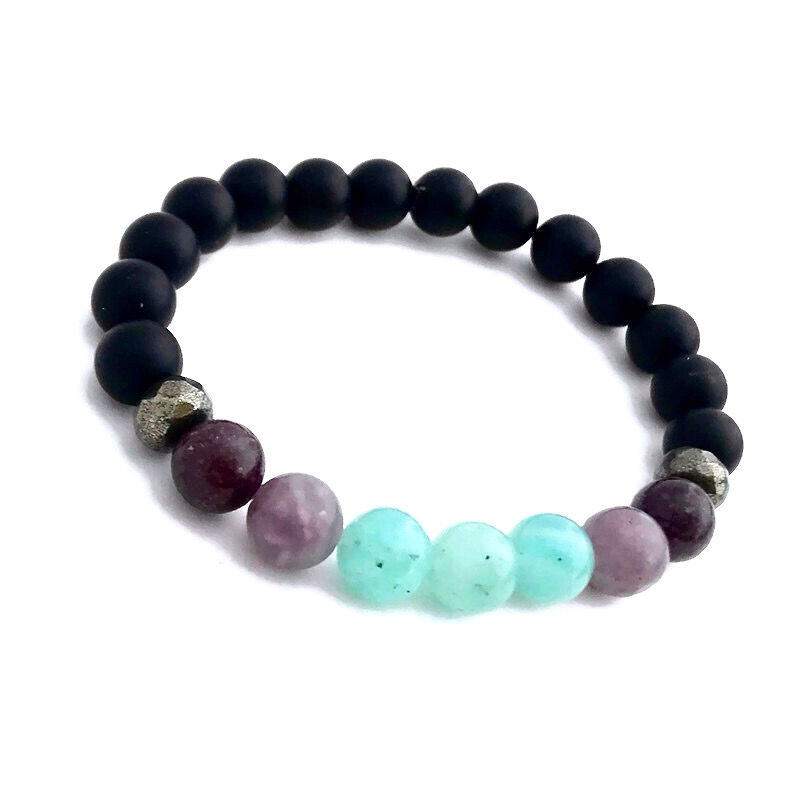 Amazonite, Lepidolite, Pyrite and Onyx Healing Crystal Bracelet handmade by Soul Sisters Designs