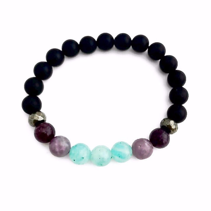 Amazonite, Lepidolite, Pyrite and Onyx Healing Crystal Bracelet handmade by Soul Sisters Designs