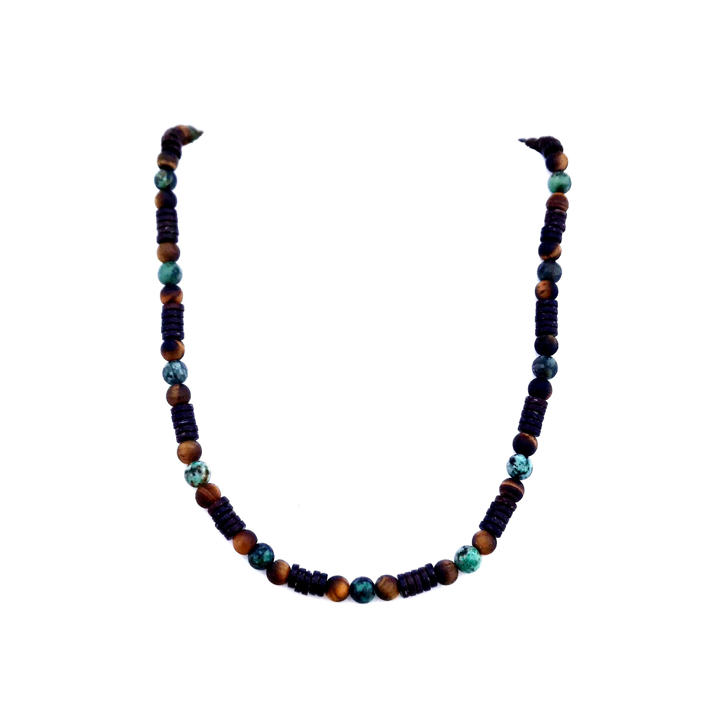 African Turquoise, Tigers Eye and Coconut Wood Men's Necklace