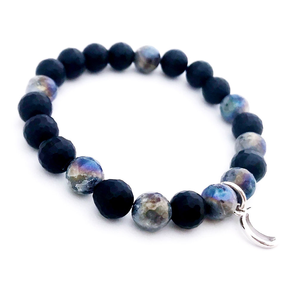 Faceted Mystic Norwegian Moonstone and Black Onyx Healing Crystal Bracelet with Moon Charm handmade by Soul Sisters Designs