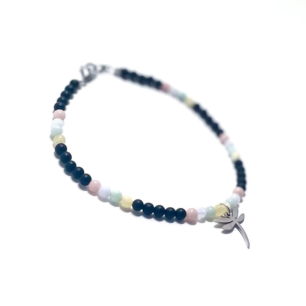 Miniaturbild: Calcite, Amazonite, Blue Lace Agate, Pink Opal and Onyx Healing Crystal Anklet with Dragonfly Charm handmade by Soul Sisters