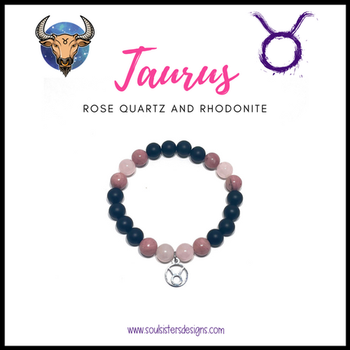 Taurus Zodiac Bracelet with Rose Quartz, Rhodonite and Onyx Soul Sisters Designs