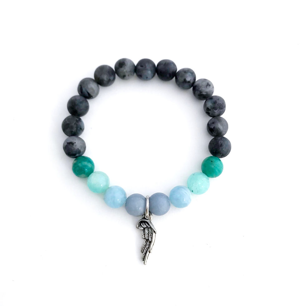 Angelite, Aquamarine, Amazonite Norwegian Moonstone Healing Crystal Bracelet with Angel Wing handmade by Soul Sisters Designs