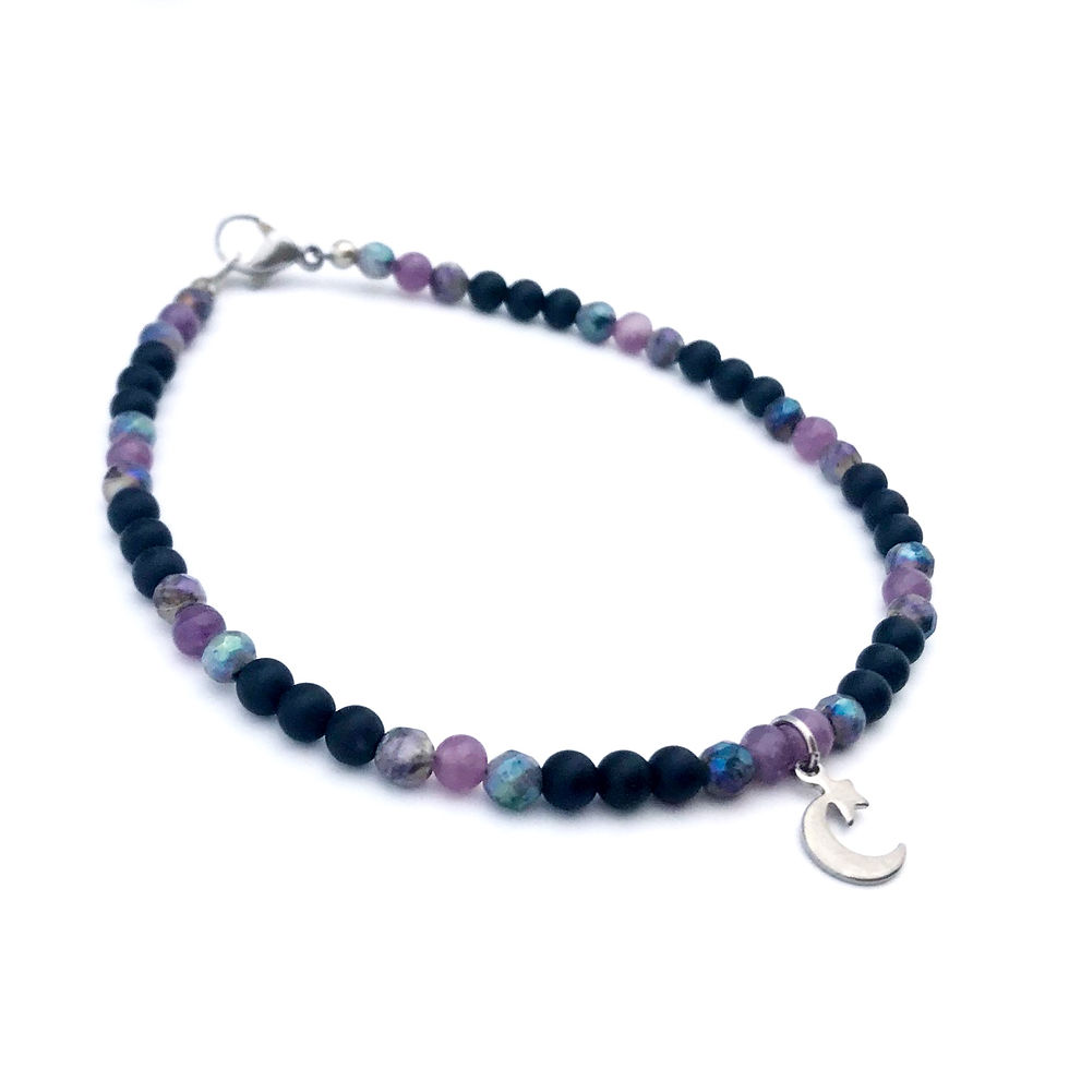 Lepidolite, Mystic Norwegian Moonstone and Onyx Healing Crystal Anklet with Moon Charm handmade by Soul Sisters Designs