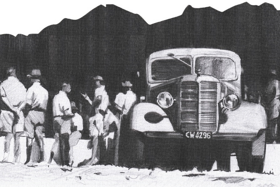 A charcoal sketch of a photo depicting the first load of grapes being delivered to Brandvlei Cellars, it shows the vehicle carrying the grapes with staff surrounding the vehicle